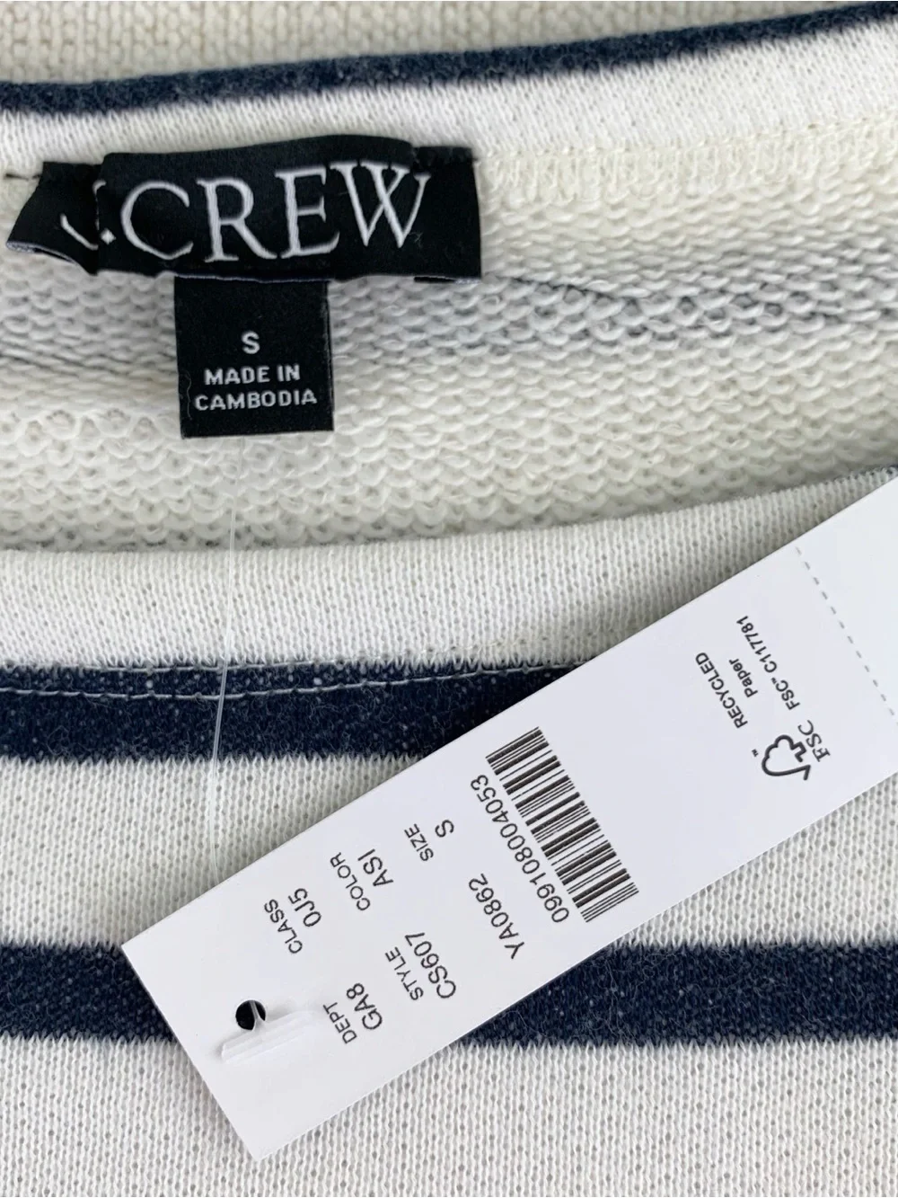 J crew women's S Heritage terry boatneck sweatshirt boat neck alegra stripe navy